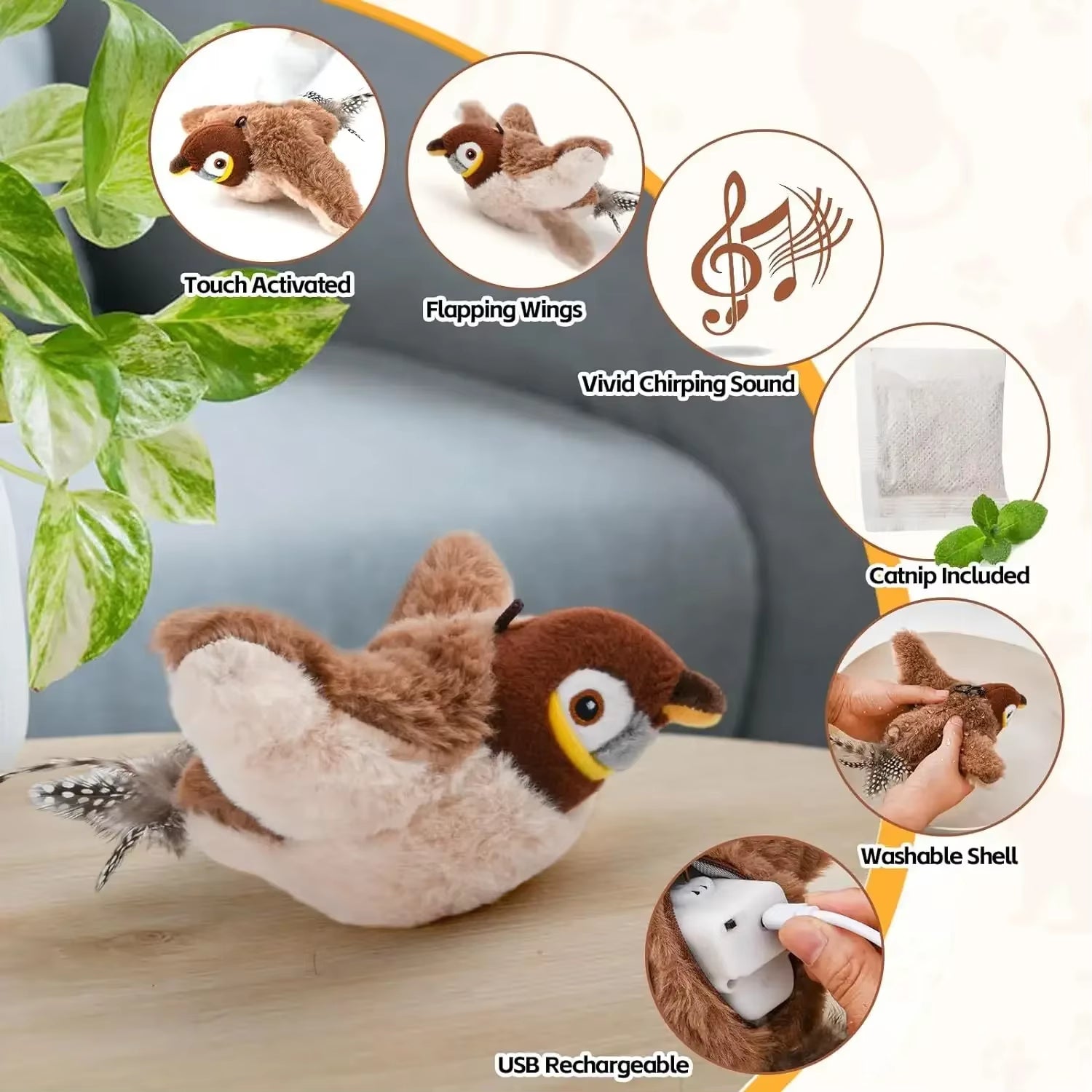 Interactive Cat Toys Rechargeable Electric Flapping Wings Bird 